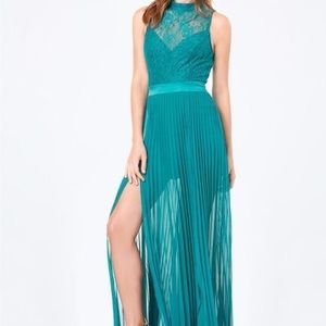 Bebe • Lace Top Mock Neck Pleated Gown